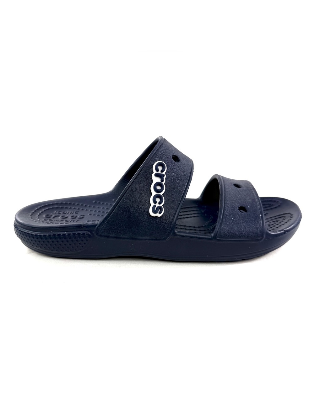Crocs Baya Navy Blue Women Size 7 Slide Sandal Logo Charm Never Worn
